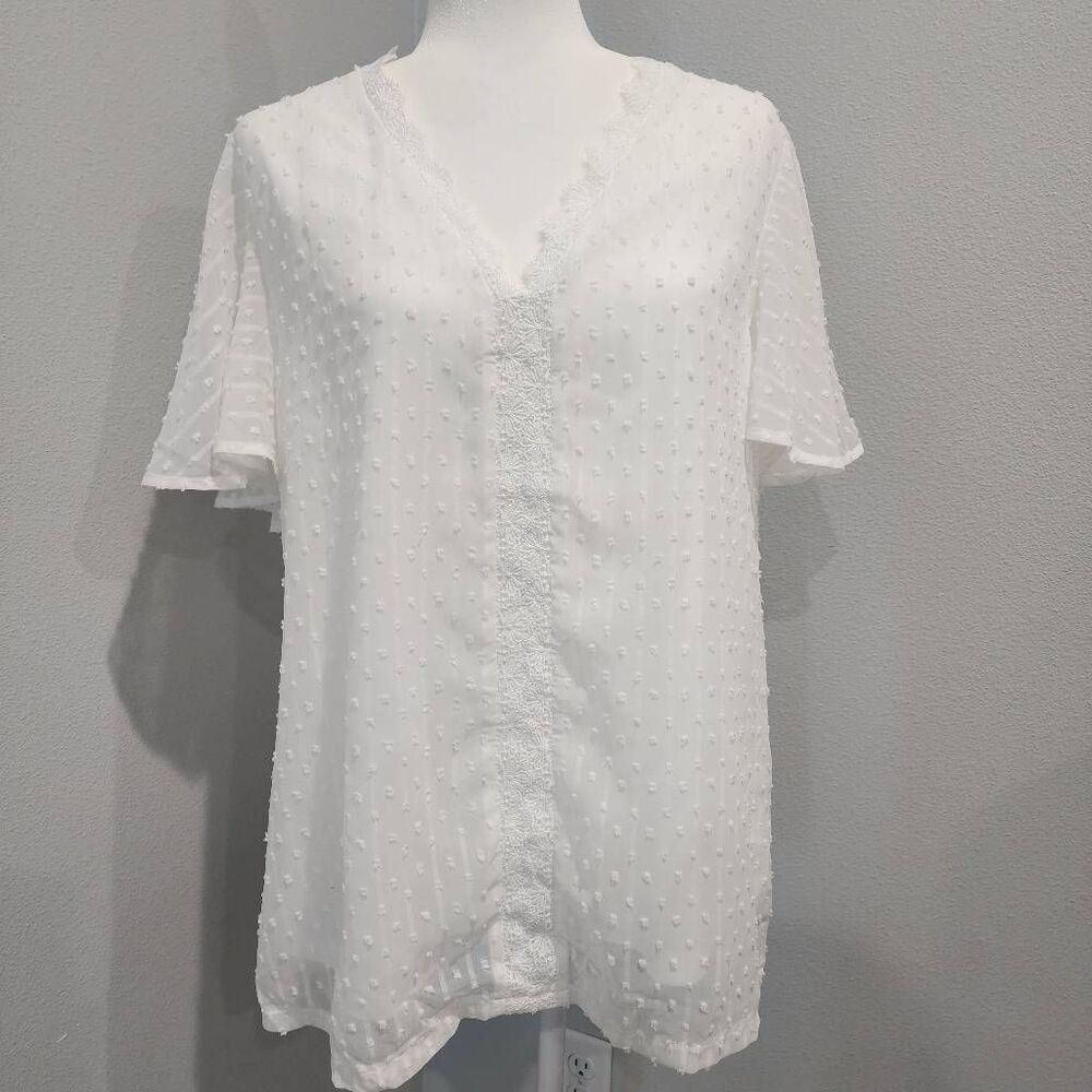 Women's T-Shirt V Neck Lace Crochet Solid Tunic Tops Comfy Short Blouse White si